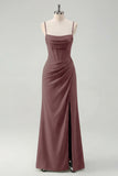 Sage Spaghetti Straps Sheath Bridesmaid Dress with Slit