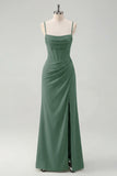 Sage Spaghetti Straps Sheath Bridesmaid Dress with Slit