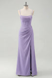 Sage Spaghetti Straps Sheath Bridesmaid Dress with Slit