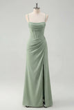 Sage Spaghetti Straps Sheath Bridesmaid Dress with Slit