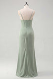 Sage Spaghetti Straps Sheath Bridesmaid Dress with Slit