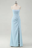 Sage Spaghetti Straps Sheath Bridesmaid Dress with Slit