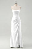 Sage Spaghetti Straps Sheath Bridesmaid Dress with Slit