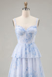 Dusty Sage A Line Corset Tiered Print & Floral Long Bridesmaid Dress with Slit