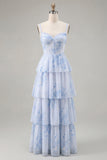 Dusty Sage A Line Corset Tiered Print & Floral Long Bridesmaid Dress with Slit