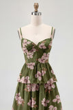 Dusty Sage A Line Corset Tiered Print & Floral Long Bridesmaid Dress with Slit