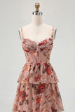 Dusty Sage A Line Corset Tiered Print & Floral Long Bridesmaid Dress with Slit