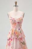 Dusty Sage A Line Corset Tiered Print & Floral Long Bridesmaid Dress with Slit