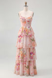 Dusty Sage A Line Corset Tiered Print & Floral Long Bridesmaid Dress with Slit