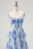 Dusty Sage A Line Corset Tiered Print & Floral Long Bridesmaid Dress with Slit
