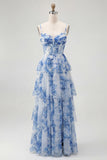 Dusty Sage A Line Corset Tiered Print & Floral Long Bridesmaid Dress with Slit