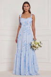 A Line Blue Floral Long Bridesmaid Dress