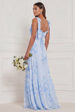A Line Blue Floral Long Bridesmaid Dress