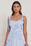 A Line Blue Floral Long Bridesmaid Dress
