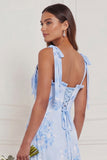A Line Blue Floral Long Bridesmaid Dress