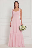A Line Blue Floral Long Bridesmaid Dress