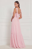 A Line Blue Floral Long Bridesmaid Dress