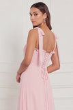 A Line Blue Floral Long Bridesmaid Dress