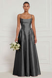 A Line Spaghetti Straps Blue White Flower Bridesmaid Dress