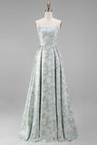 A Line Spaghetti Straps Blue White Flower Bridesmaid Dress