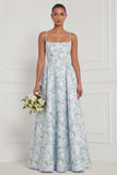 A Line Spaghetti Straps Blue White Flower Bridesmaid Dress