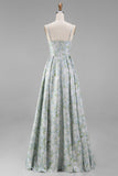 A Line Spaghetti Straps Blue White Flower Bridesmaid Dress