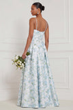 A Line Spaghetti Straps Blue White Flower Bridesmaid Dress