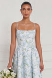 A Line Spaghetti Straps Blue White Flower Bridesmaid Dress