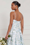 A Line Spaghetti Straps Blue White Flower Bridesmaid Dress