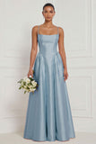 A Line Spaghetti Straps Blue White Flower Bridesmaid Dress