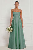 A Line Spaghetti Straps Blue White Flower Bridesmaid Dress