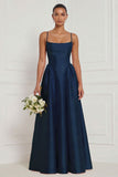 A Line Spaghetti Straps Blue White Flower Bridesmaid Dress