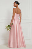 A Line Spaghetti Straps Blue White Flower Bridesmaid Dress