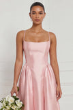 A Line Spaghetti Straps Blue White Flower Bridesmaid Dress