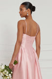 A Line Spaghetti Straps Blue White Flower Bridesmaid Dress