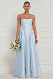 A Line Spaghetti Straps Blue White Flower Bridesmaid Dress