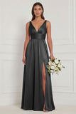 A Line V-Neck Blue White Flower Bridesmaid Dress with Slit