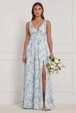A Line V-Neck Blue White Flower Bridesmaid Dress with Slit