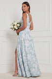 A Line V-Neck Blue White Flower Bridesmaid Dress with Slit