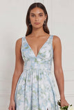 A Line V-Neck Blue White Flower Bridesmaid Dress with Slit