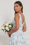 A Line V-Neck Blue White Flower Bridesmaid Dress with Slit