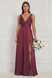A Line V-Neck Blue White Flower Bridesmaid Dress with Slit