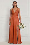A Line V-Neck Blue White Flower Bridesmaid Dress with Slit