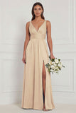 A Line V-Neck Blue White Flower Bridesmaid Dress with Slit