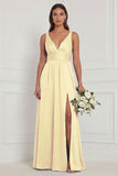 A Line V-Neck Blue White Flower Bridesmaid Dress with Slit