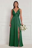 A Line V-Neck Blue White Flower Bridesmaid Dress with Slit