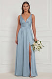 A Line V-Neck Blue White Flower Bridesmaid Dress with Slit