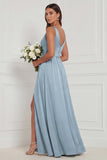 A Line V-Neck Blue White Flower Bridesmaid Dress with Slit