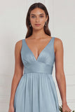 A Line V-Neck Blue White Flower Bridesmaid Dress with Slit