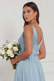A Line V-Neck Blue White Flower Bridesmaid Dress with Slit